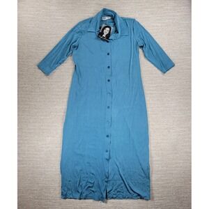 Carolyn Strauss Slinky Shirt Dress Size L Teal 3/4 Sleeve Button Up Maxi NEW